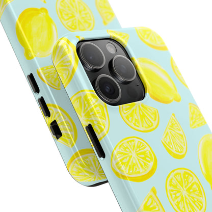 Bright Yellow Lemons Watercolor Illustrated Tossed Pattern Light Blue Tough Phone Case | Various Models