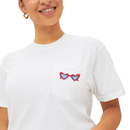 Red White & Blue Heart Shaped Glasses Printed Unisex Garment-Dyed Pocket T-Shirt