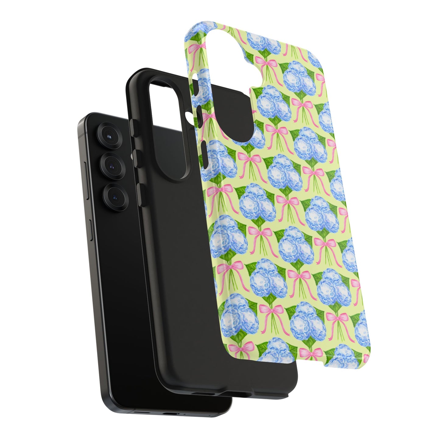 Blue Watercolor Hydrangea Bouquets with Light Pink Bows Watercolor Illustrated Patterned Yellow Tough Phone Case | Various Models