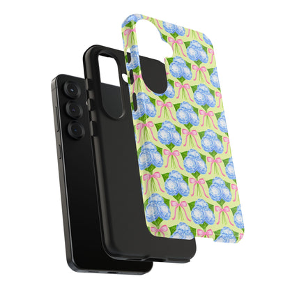 Blue Watercolor Hydrangea Bouquets with Light Pink Bows Watercolor Illustrated Patterned Yellow Tough Phone Case | Various Models