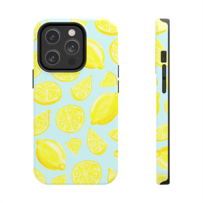 Bright Yellow Lemons Watercolor Illustrated Tossed Pattern Light Blue Tough Phone Case | Various Models