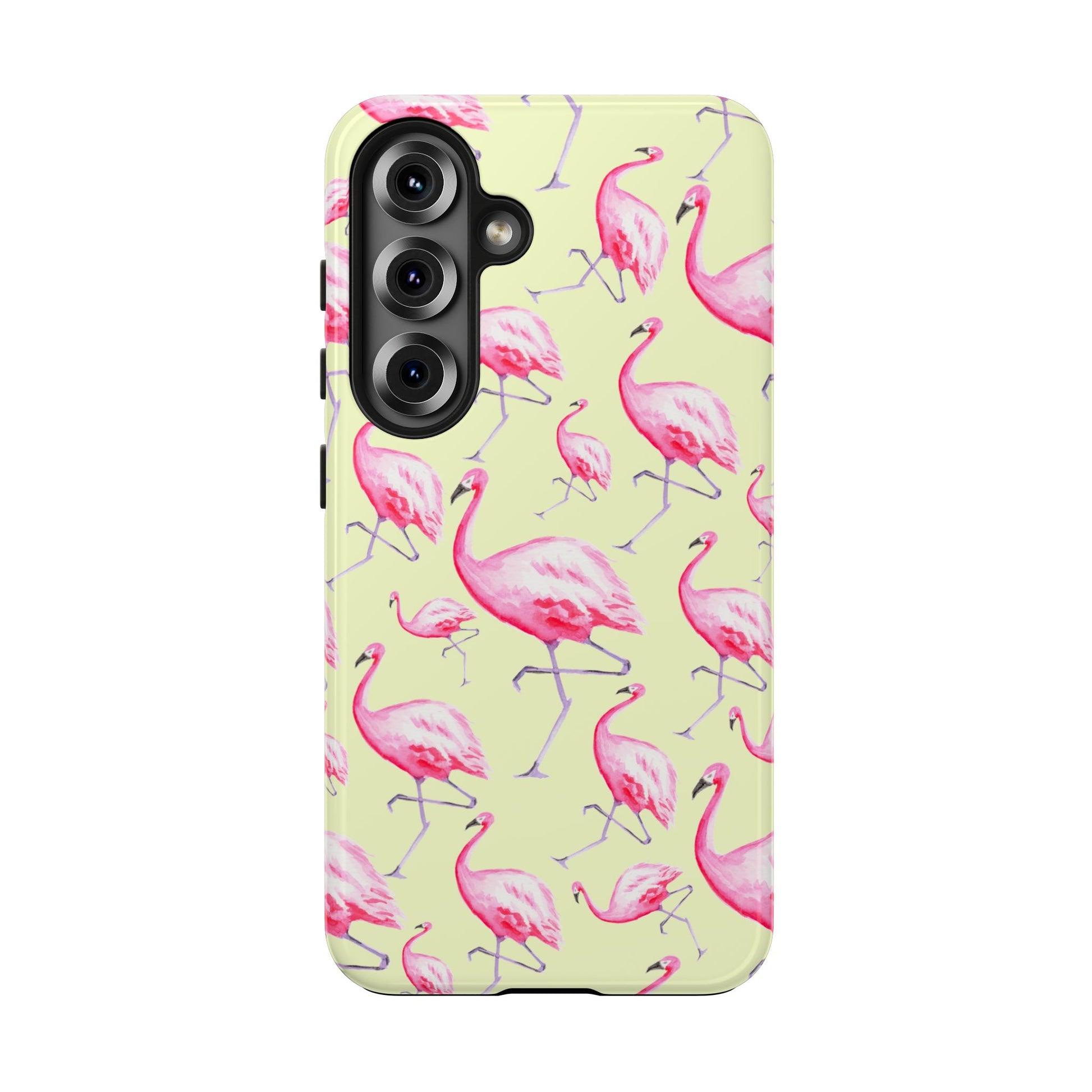 Pink Flamingos Watercolor Illustrated Tossed Pattern Yellow Phone Case | Various Models Samsung Galaxy S25