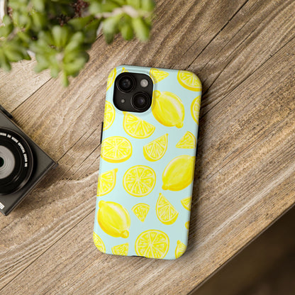 Bright Yellow Lemons Watercolor Illustrated Tossed Pattern Light Blue Tough Phone Case | Various Models