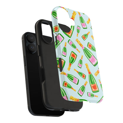 Tossed Pink and Green & Orange and Green Watercolor Illustrated Champagne Bottles Pattern Light Blue Tough Phone Case | Various Models