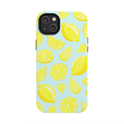 Bright Yellow Lemons Watercolor Illustrated Tossed Pattern Light Blue Tough Phone Case | Various Models
