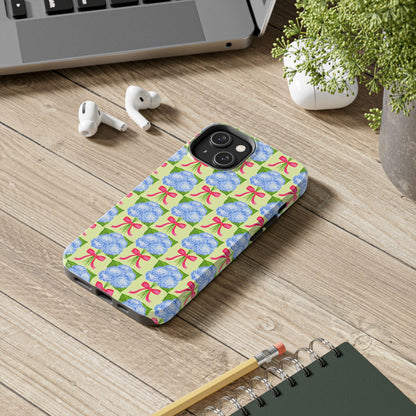 Blue Watercolor Hydrangea Bouquets with Hot Pink Bows Illustrated Patterned Yellow Preppy Grand Millenial Tough Phone Case | Various Models
