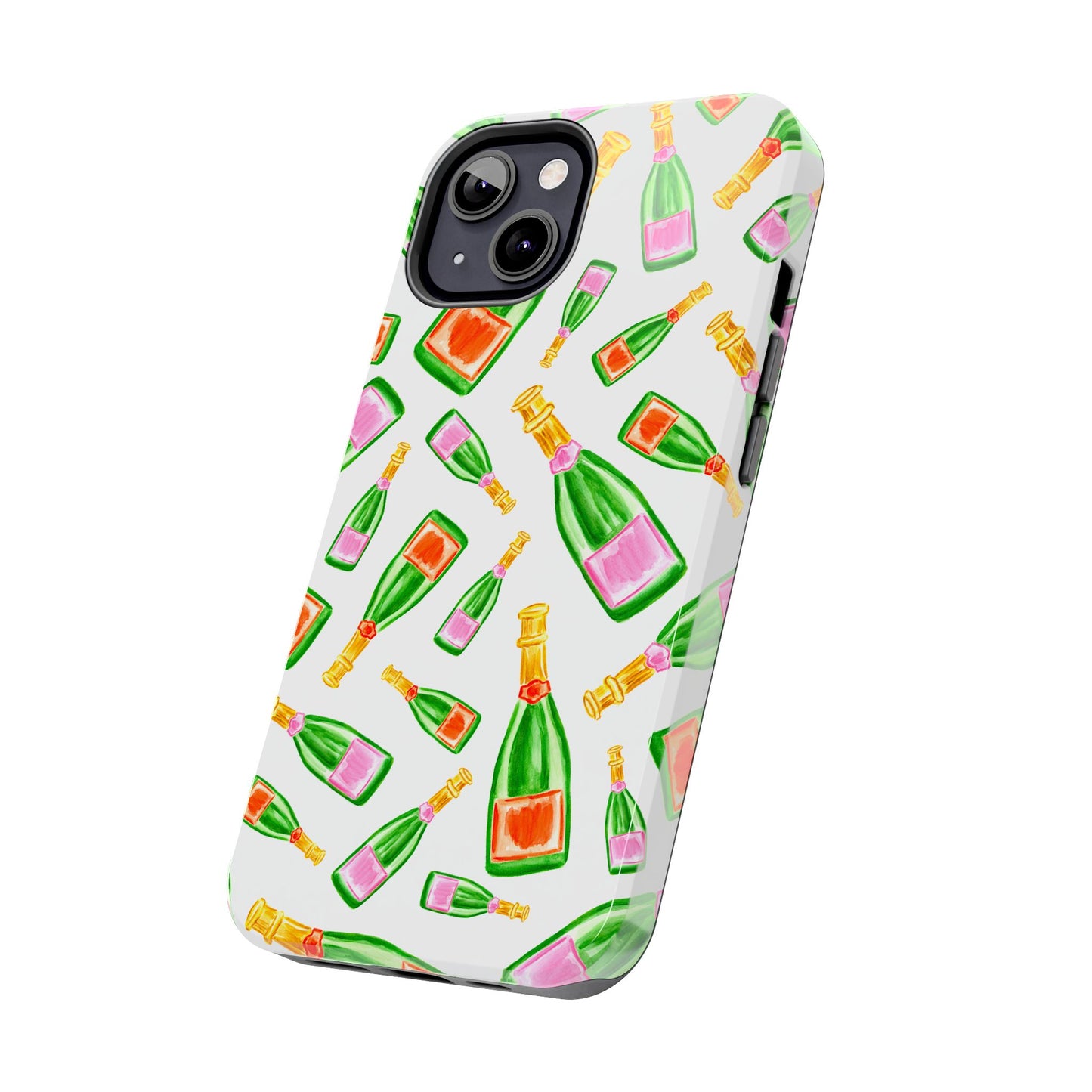 Tossed Pink and Green & Orange and Green Watercolor Illustrated Champagne Bottles Pattern Tough Phone Case | Various Models