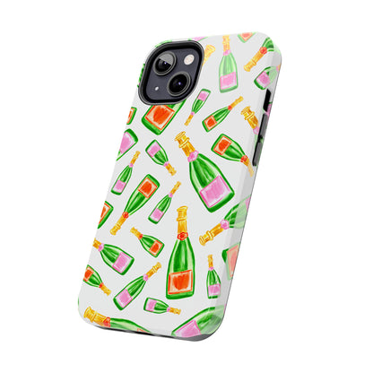 Tossed Pink and Green & Orange and Green Watercolor Illustrated Champagne Bottles Pattern Tough Phone Case | Various Models
