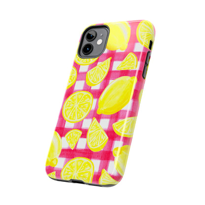 Yellow Lemons & Hot Pink Gingham Watercolor Illustrated Tough Phone Case | Various Models Available