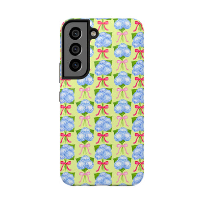 Watercolor Blue Hydrangea Bouquets with Hot Pink and Light Pink Bow Ribbons Illustrated Pattern Yellow Tough Phone Case | Various Models