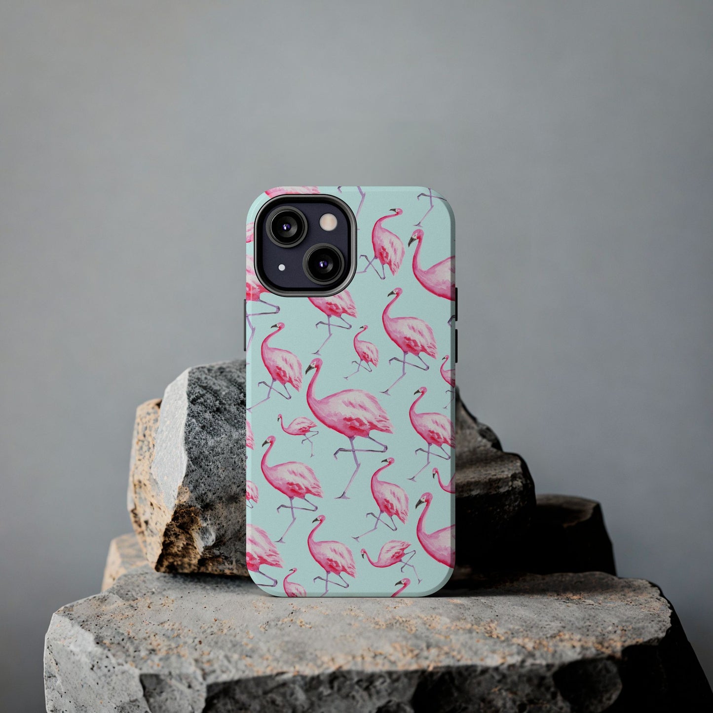 Pink Flamingos Watercolor Illustrated Tossed Pattern Blue Phone Case | Various Models