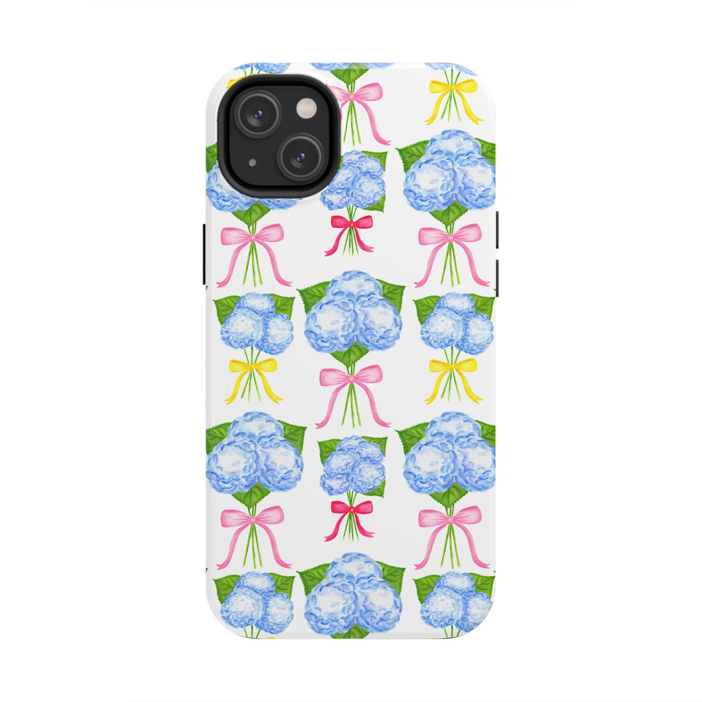 Blue Hydrangeas with Hot Pink, Yellow, Light Pink Bows Watercolor Illustrated Patterned Tough Phone Case | Various Models