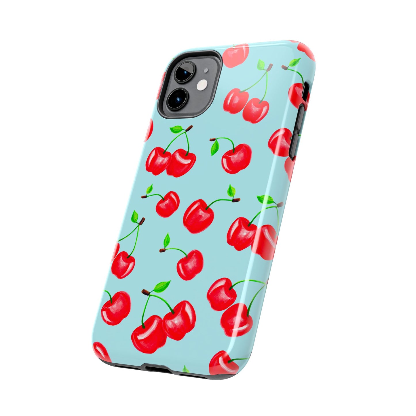 Tossed Red Watercolor Cherries Illustrated Pattern Bright Blue Tough Phone Case | Various Models