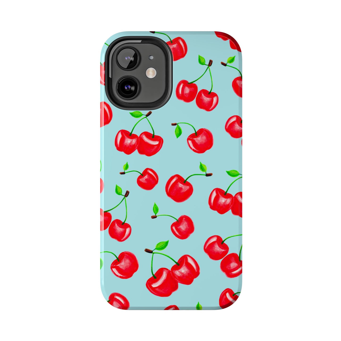 Tossed Red Watercolor Cherries Illustrated Pattern Bright Blue Tough Phone Case | Various Models