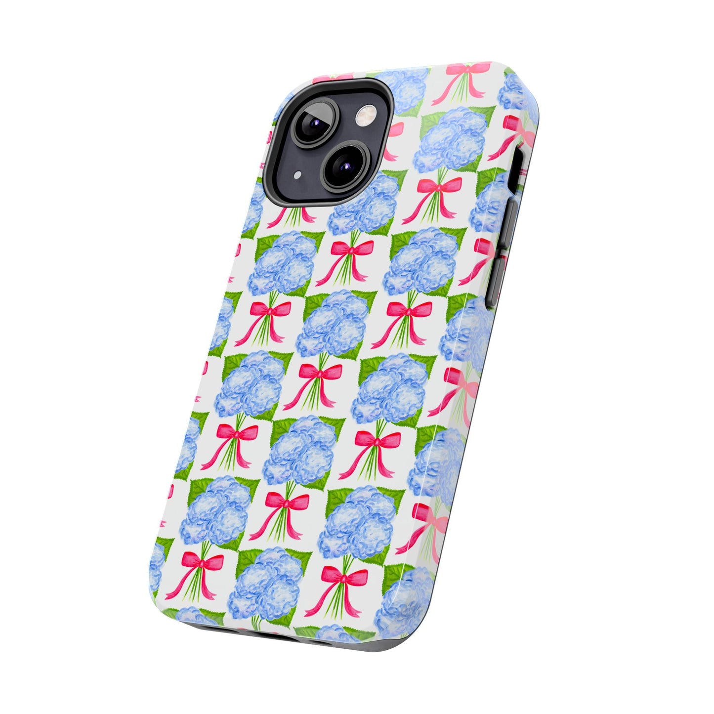 Blue Watercolor Hydrangea Bouquets with Hot Pink Bows Illustrated Patterned Tough Phone Case | Various Models