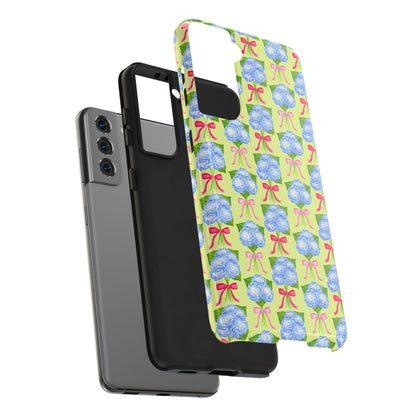 Watercolor Blue Hydrangea Bouquets with Hot Pink and Light Pink Bow Ribbons Illustrated Pattern Yellow Tough Phone Case | Various Models
