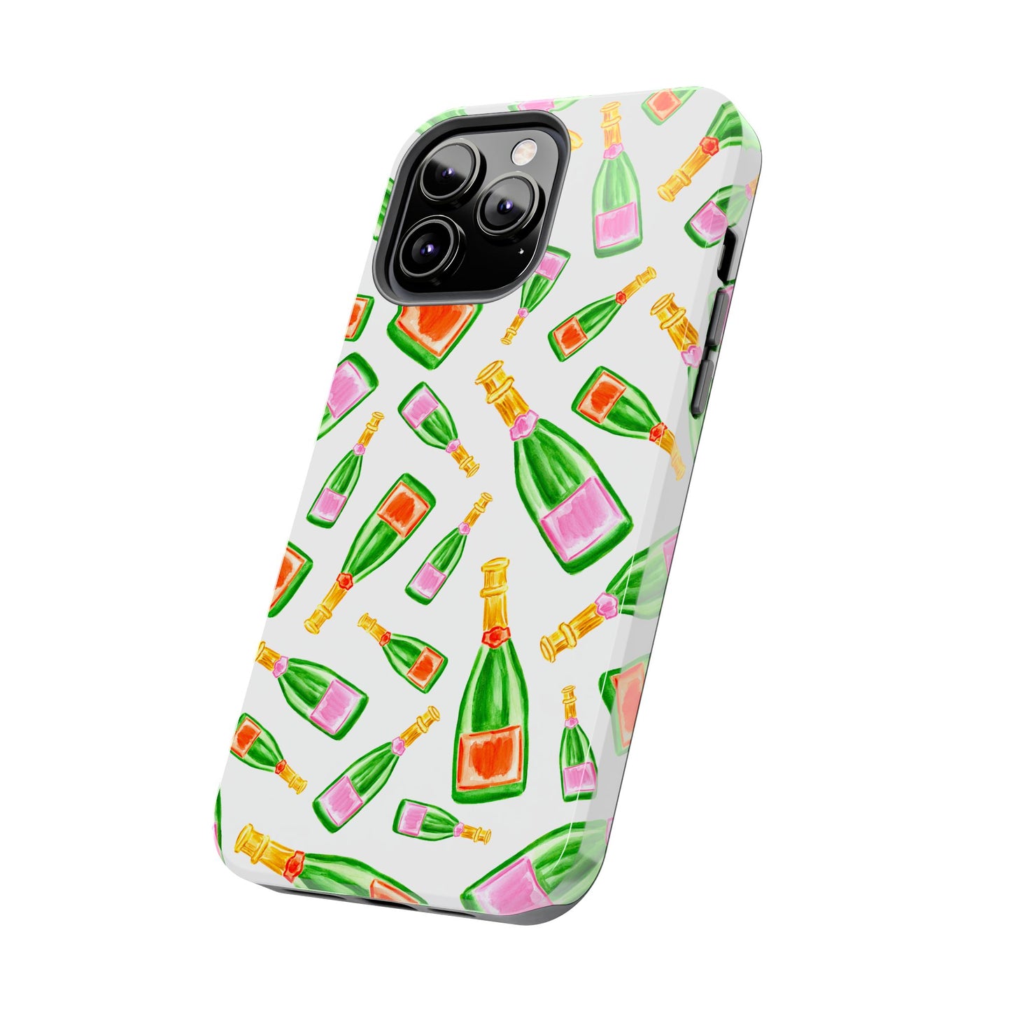 Tossed Pink and Green & Orange and Green Watercolor Illustrated Champagne Bottles Pattern Tough Phone Case | Various Models