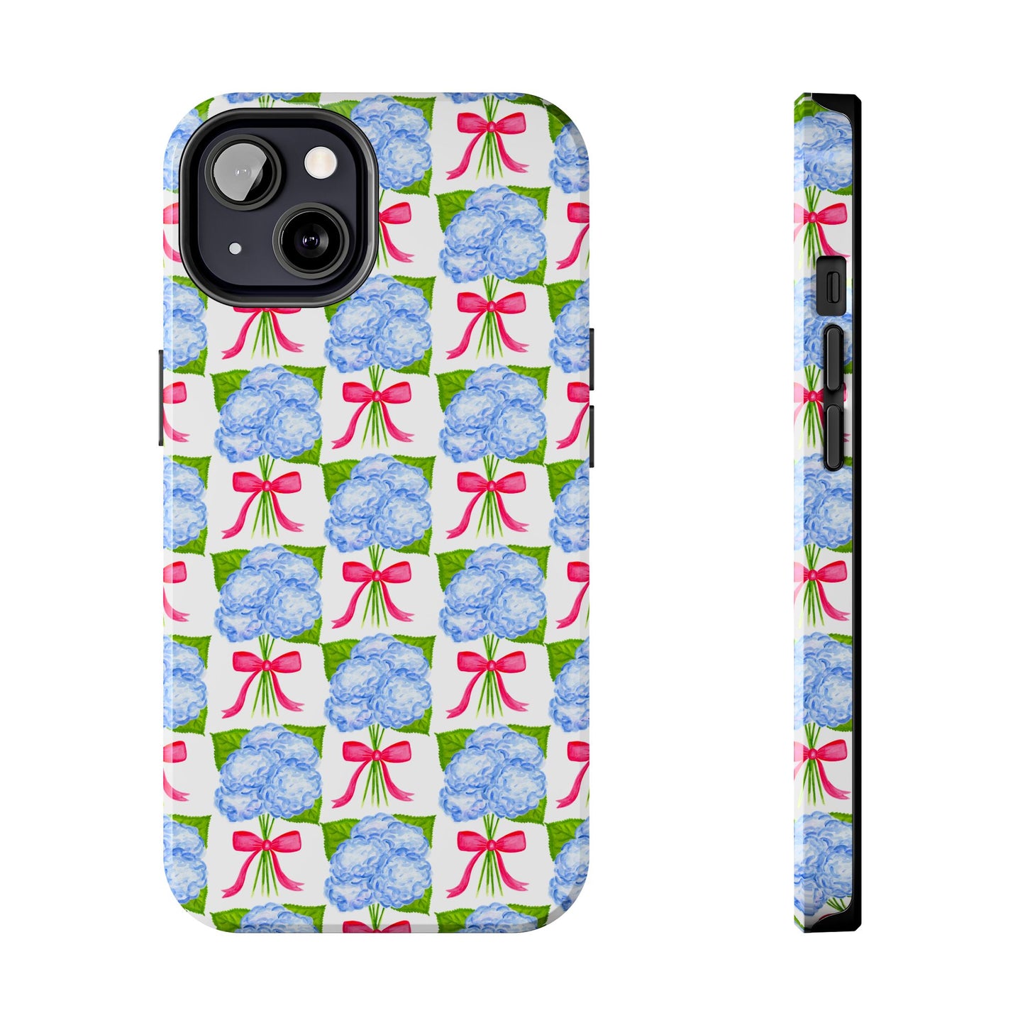Blue Watercolor Hydrangea Bouquets with Hot Pink Bows Illustrated Patterned Tough Phone Case | Various Models