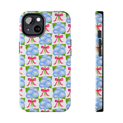 Blue Watercolor Hydrangea Bouquets with Hot Pink Bows Illustrated Patterned Tough Phone Case | Various Models