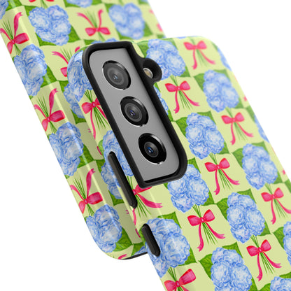 Blue Watercolor Hydrangea Bouquets with Hot Pink Bows Illustrated Patterned Yellow Preppy Grand Millenial Tough Phone Case | Various Models