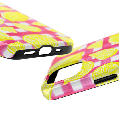 Yellow Lemons & Hot Pink Gingham Watercolor Illustrated Tough Phone Case | Various Models Available