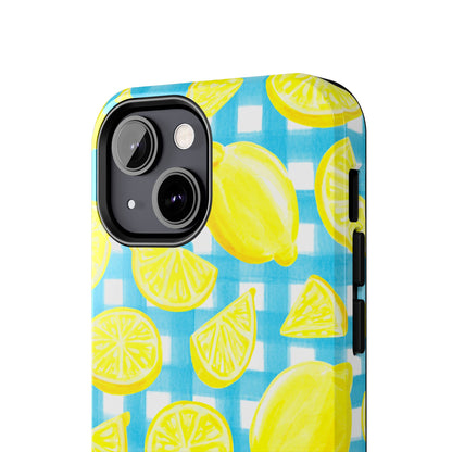 Bright Yellow Lemons Watercolor Illustrated Tossed Pattern Turquoise Gingham Tough Phone Case | Various Models