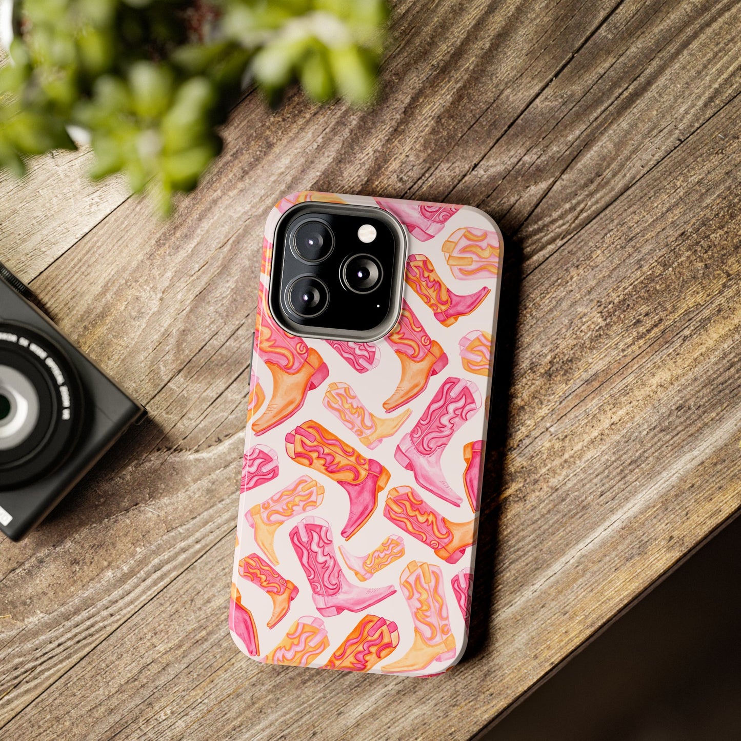 Tossed Hot Pink & Orange Watercolor Cowboy Boots Tough Light Pink Phone Case | Various Models Available