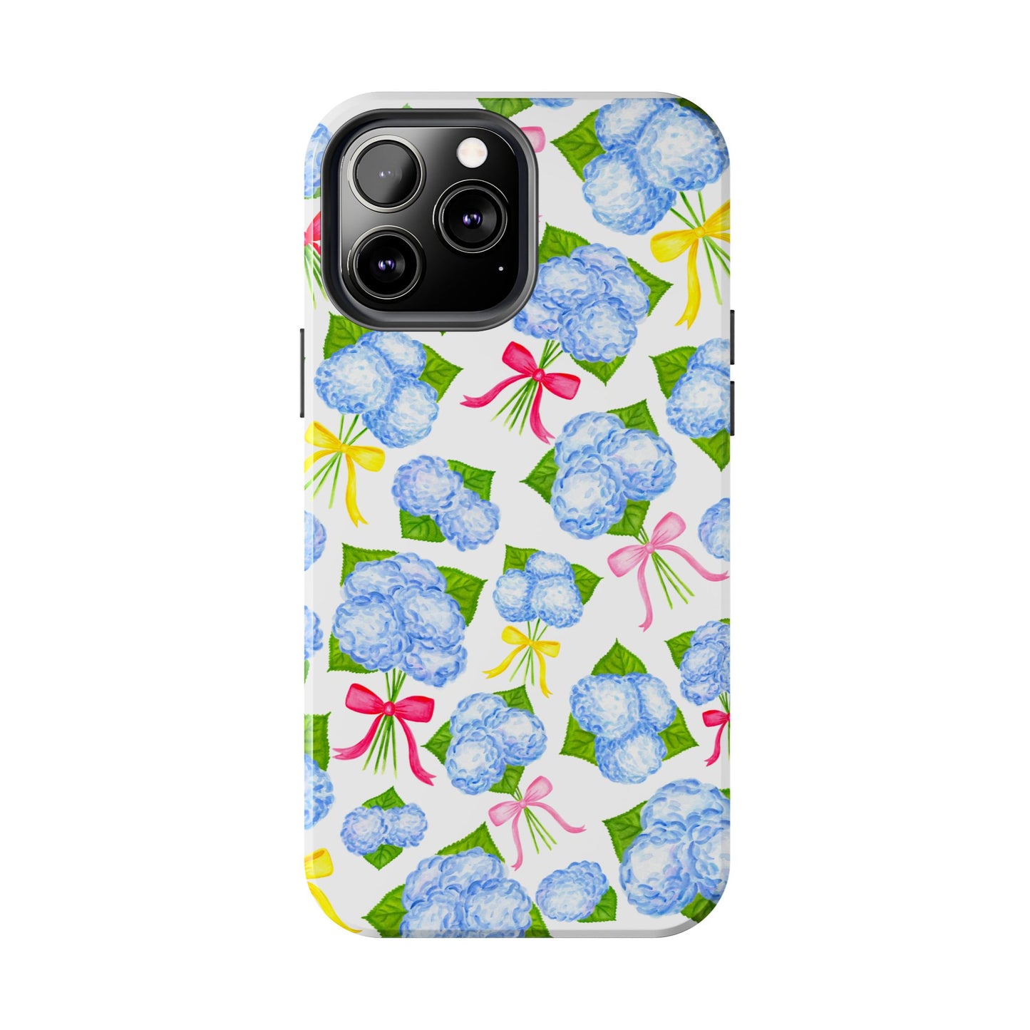 Blue Watercolor Hydrangea Bunches with Hot Pink, Yellow, Light Pink Bows Illustrated Patterned Tough Phone Case | Various Models