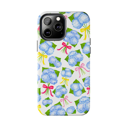 Blue Watercolor Hydrangea Bunches with Hot Pink, Yellow, Light Pink Bows Illustrated Patterned Tough Phone Case | Various Models