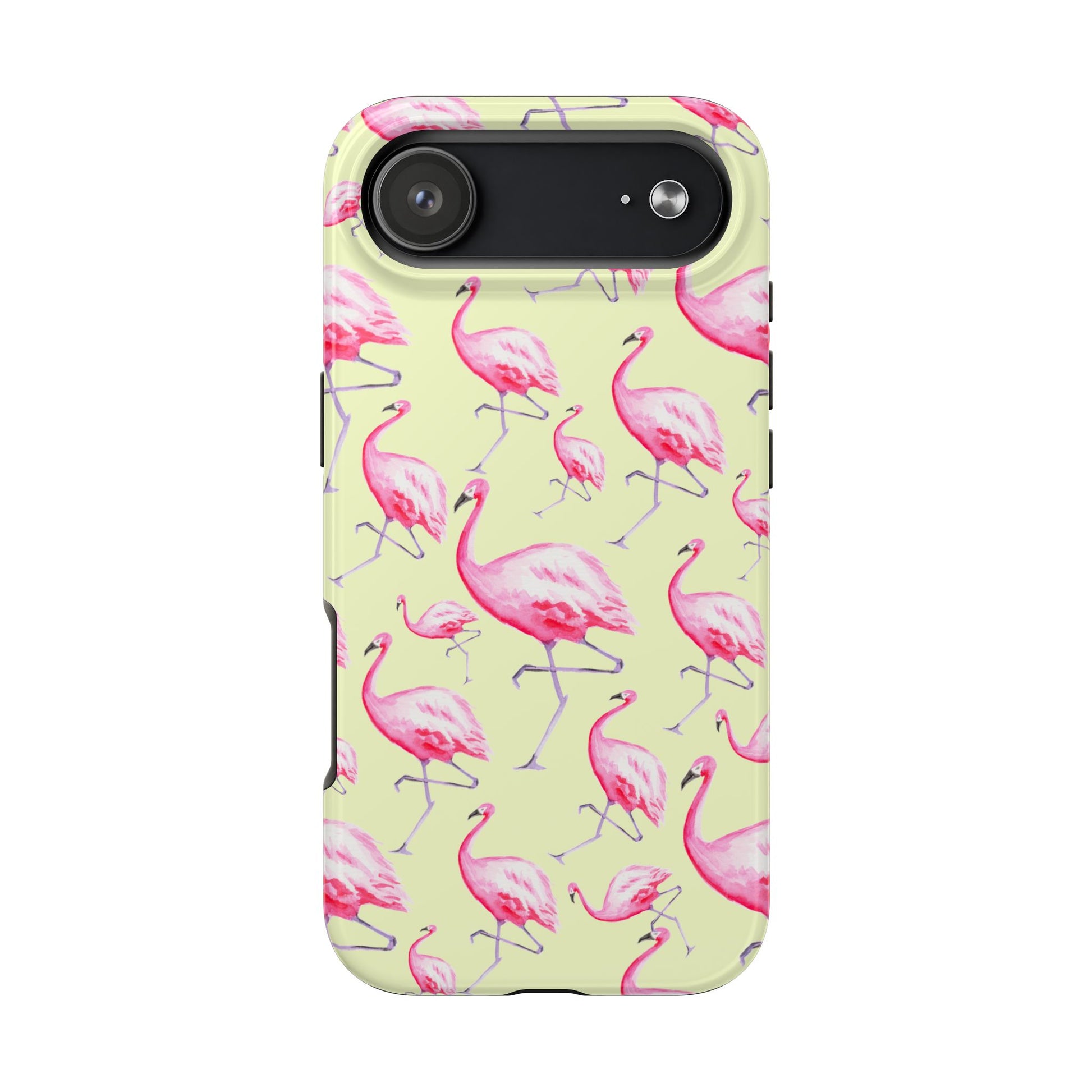 Pink Flamingos Watercolor Illustrated Tossed Pattern Yellow Phone Case | Various Models iPhone 17 Air