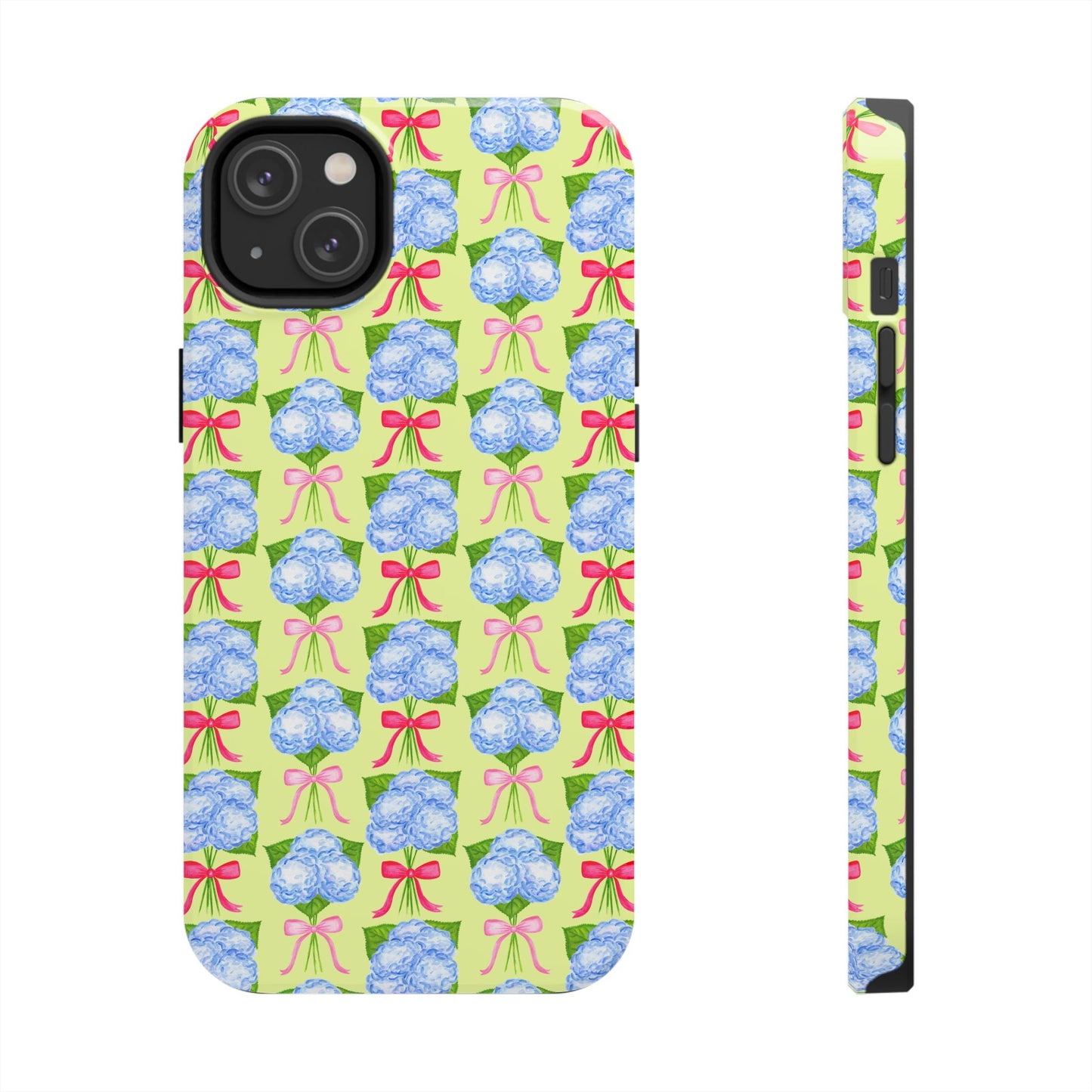 Watercolor Blue Hydrangea Bouquets with Hot Pink and Light Pink Bow Ribbons Illustrated Pattern Yellow Tough Phone Case | Various Models