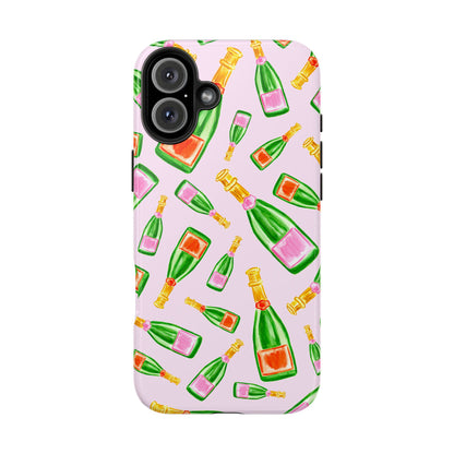 Tossed Pink and Green & Orange and Green Watercolor Illustrated Champagne Bottles Pattern Blush Pink Tough Phone Case | Various Models