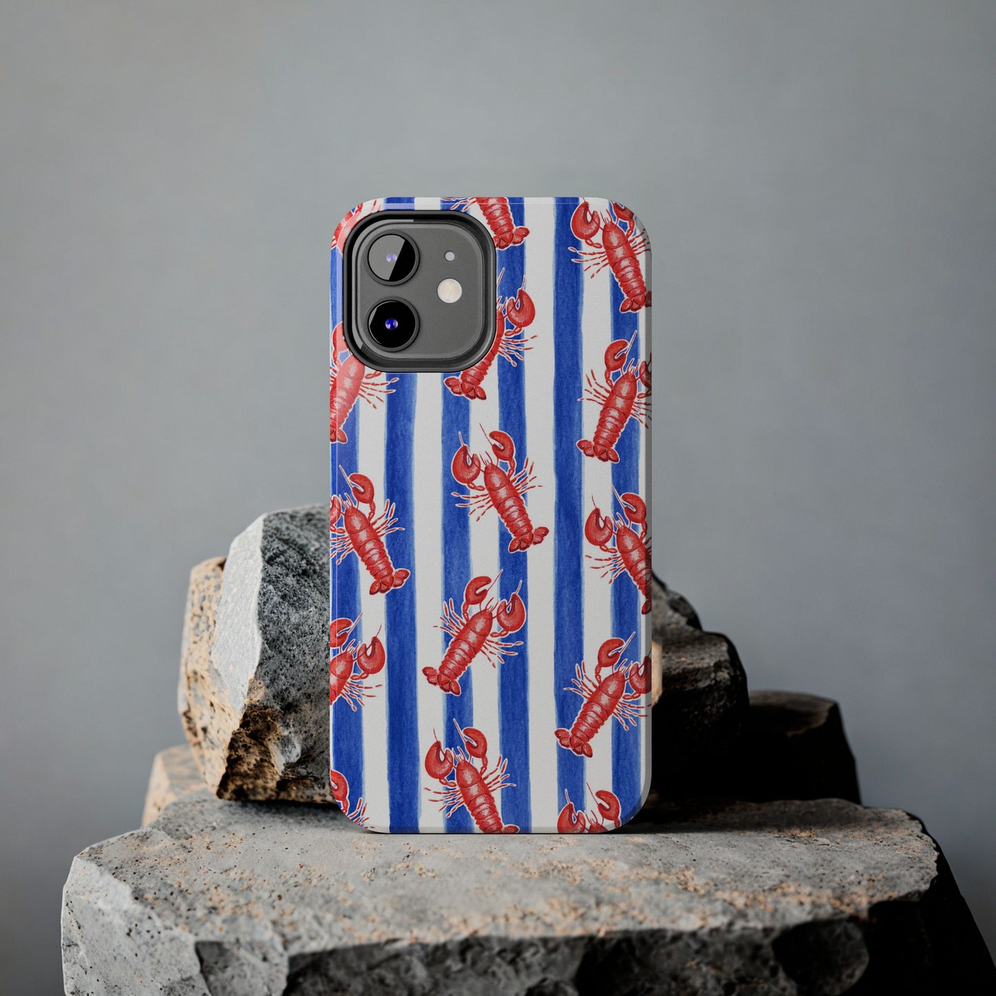 Blue & White Strip Red Lobster Watercolor Patterned Phone Case | Various Models