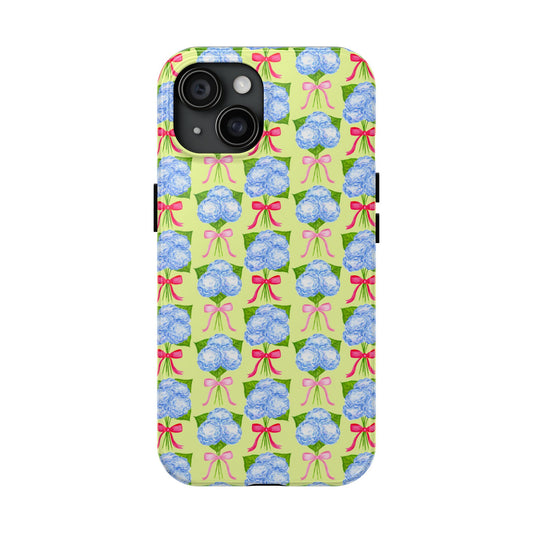 Watercolor Blue Hydrangea Bouquets with Hot Pink and Light Pink Bow Ribbons Illustrated Pattern Yellow Tough Phone Case | Various Models iPhone 15