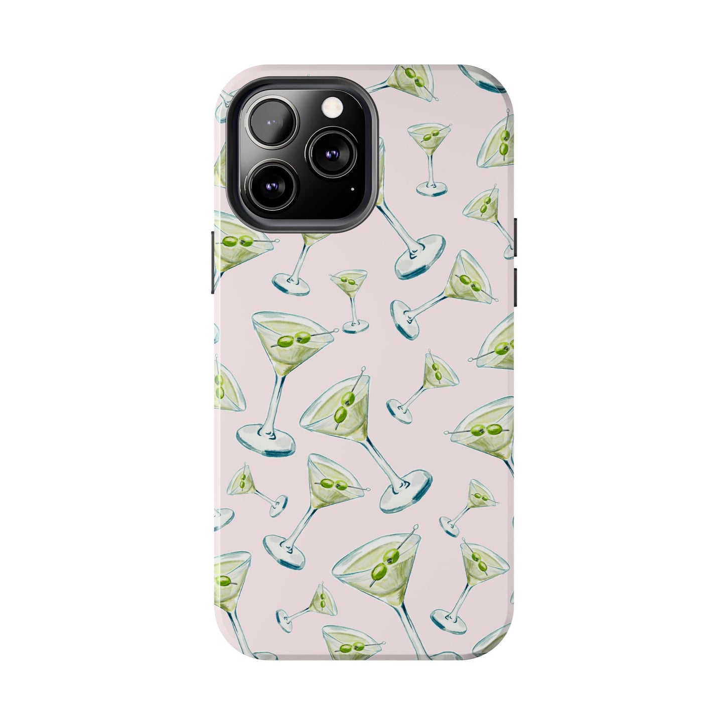 Watercolor Blue and Green Martinis Tossed Illustrated Pattern Blush Pink Tough Phone Case | Various Models