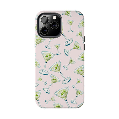 Watercolor Blue and Green Martinis Tossed Illustrated Pattern Blush Pink Tough Phone Case | Various Models