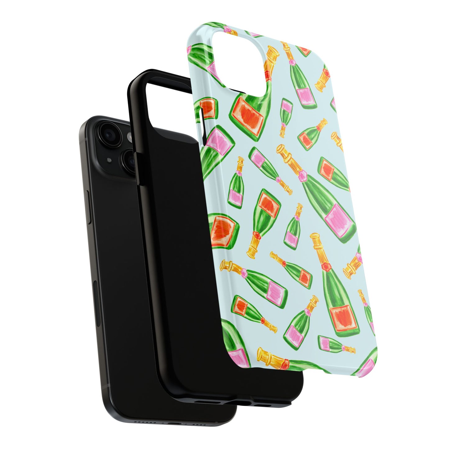 Tossed Pink and Green & Orange and Green Watercolor Illustrated Champagne Bottles Pattern Light Blue Tough Phone Case | Various Models