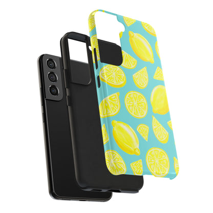 Bright Yellow Lemons Watercolor Illustrated Tossed Pattern Turquoise Blue Tough Phone Case | Various Models
