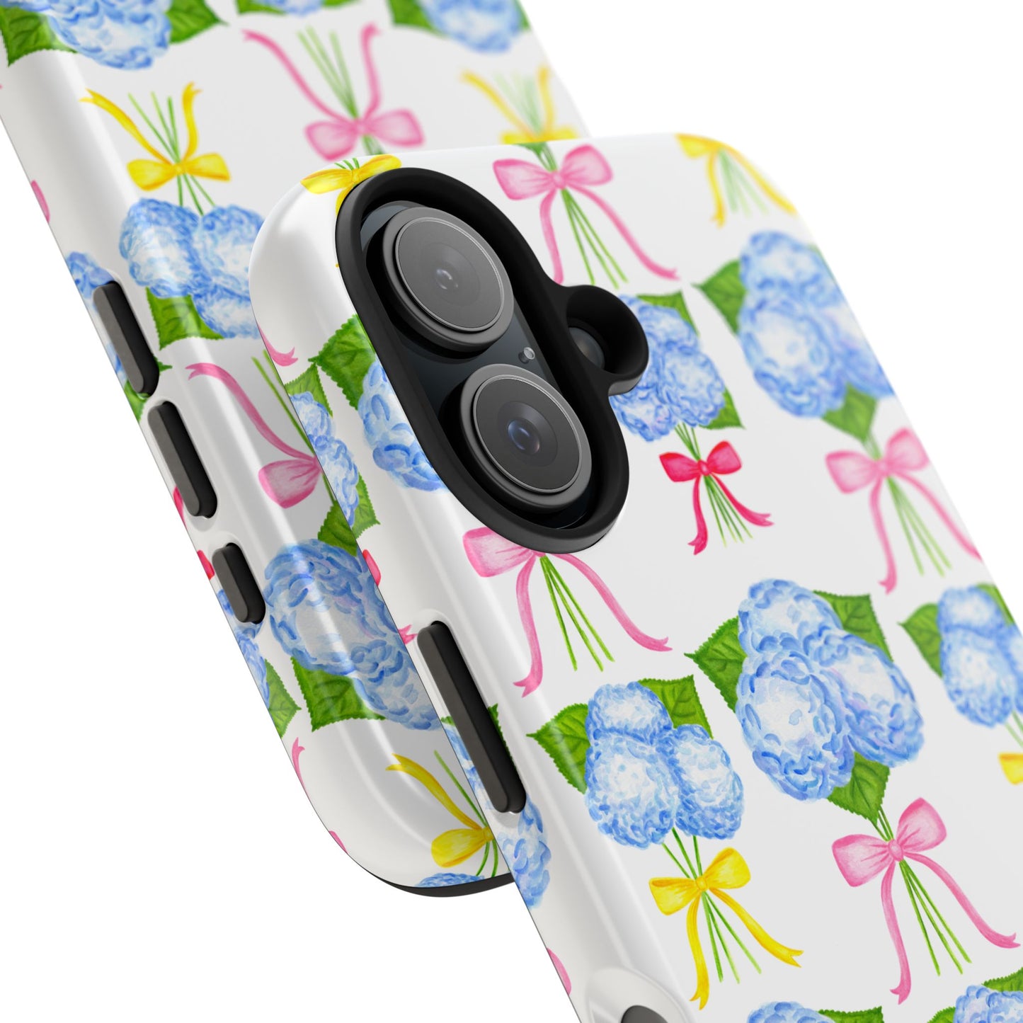 Blue Hydrangeas with Hot Pink, Yellow, Light Pink Bows Watercolor Illustrated Patterned Tough Phone Case | Various Models