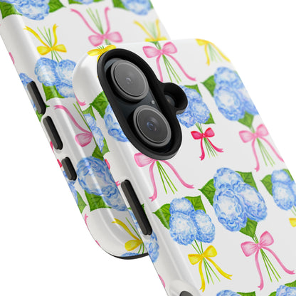Blue Hydrangeas with Hot Pink, Yellow, Light Pink Bows Watercolor Illustrated Patterned Tough Phone Case | Various Models