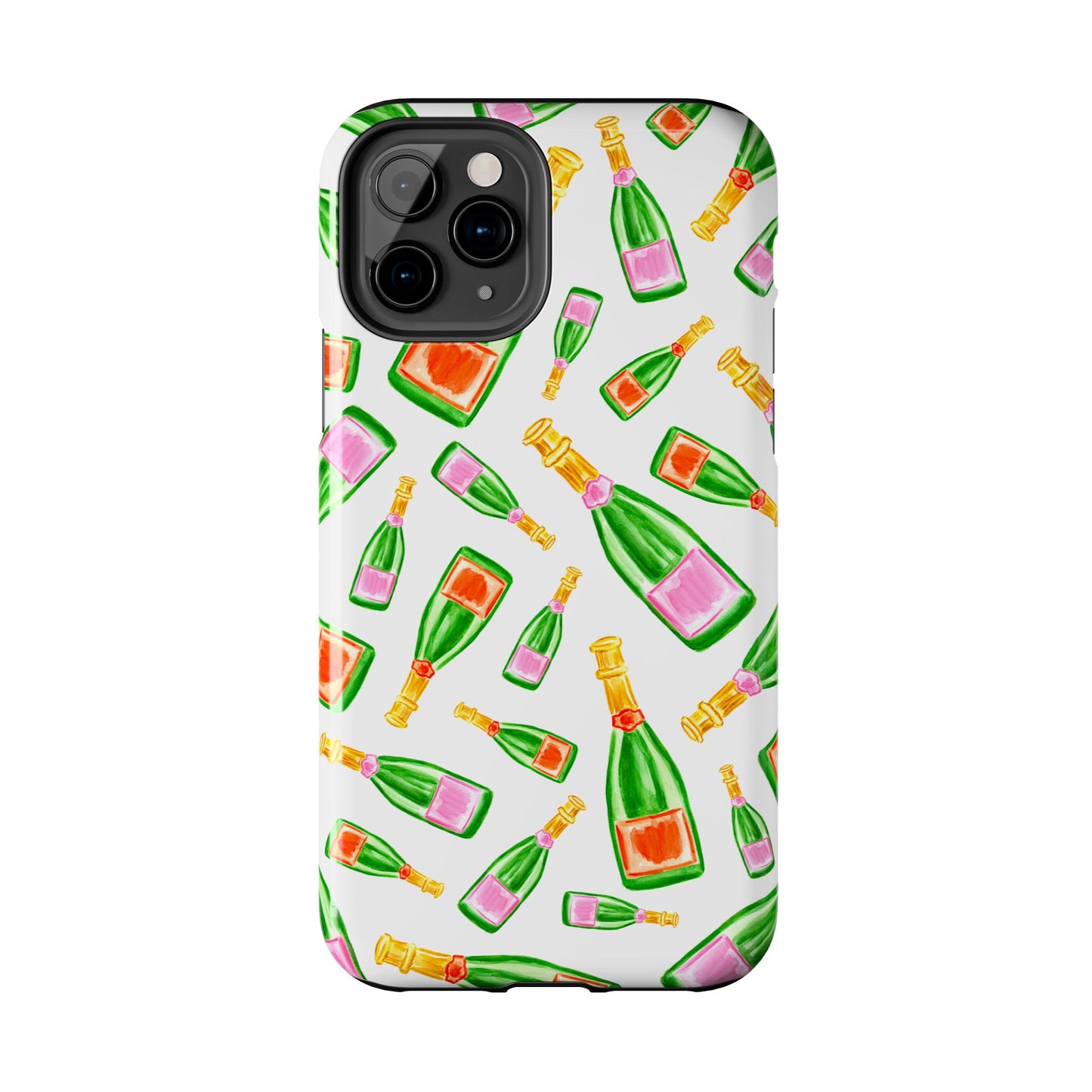 Tossed Pink and Green & Orange and Green Watercolor Illustrated Champagne Bottles Pattern Tough Phone Case | Various Models