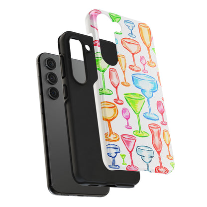 Monochromatic Margarita, Wine, Martini, and Champagne Flute Cocktail Glasses Watercolor Illustrated Tough Phone Case | Various Models Available
