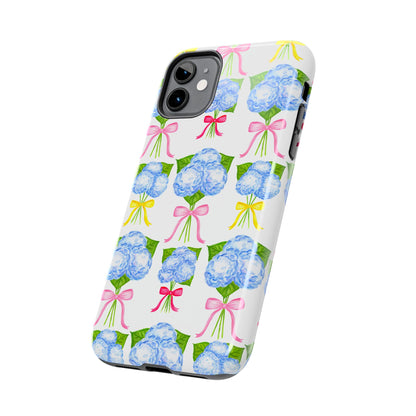 Blue Hydrangeas with Hot Pink, Yellow, Light Pink Bows Watercolor Illustrated Patterned Tough Phone Case | Various Models