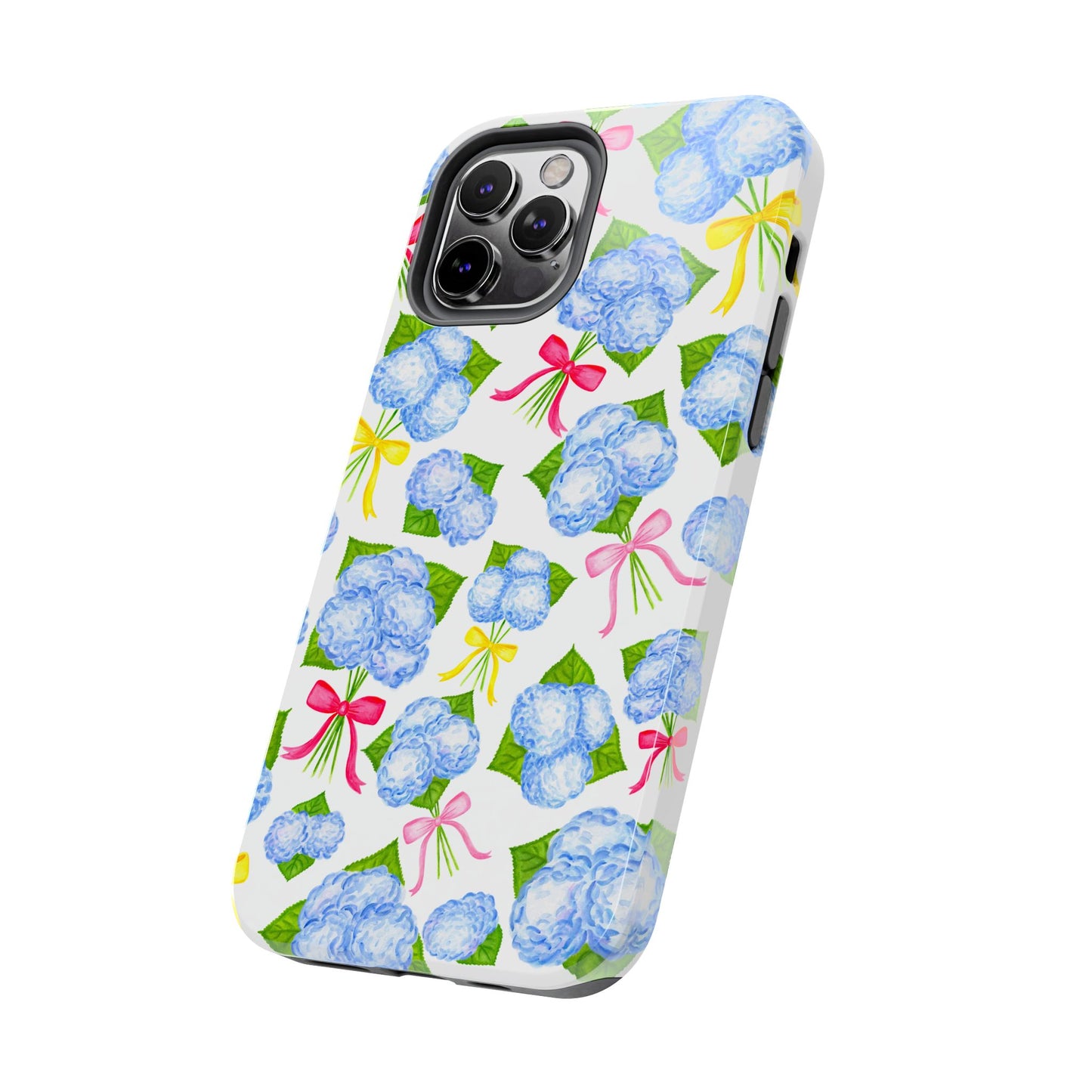 Blue Watercolor Hydrangea Bunches with Hot Pink, Yellow, Light Pink Bows Illustrated Patterned Tough Phone Case | Various Models