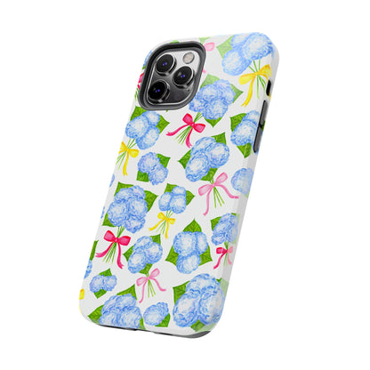 Blue Watercolor Hydrangea Bunches with Hot Pink, Yellow, Light Pink Bows Illustrated Patterned Tough Phone Case | Various Models