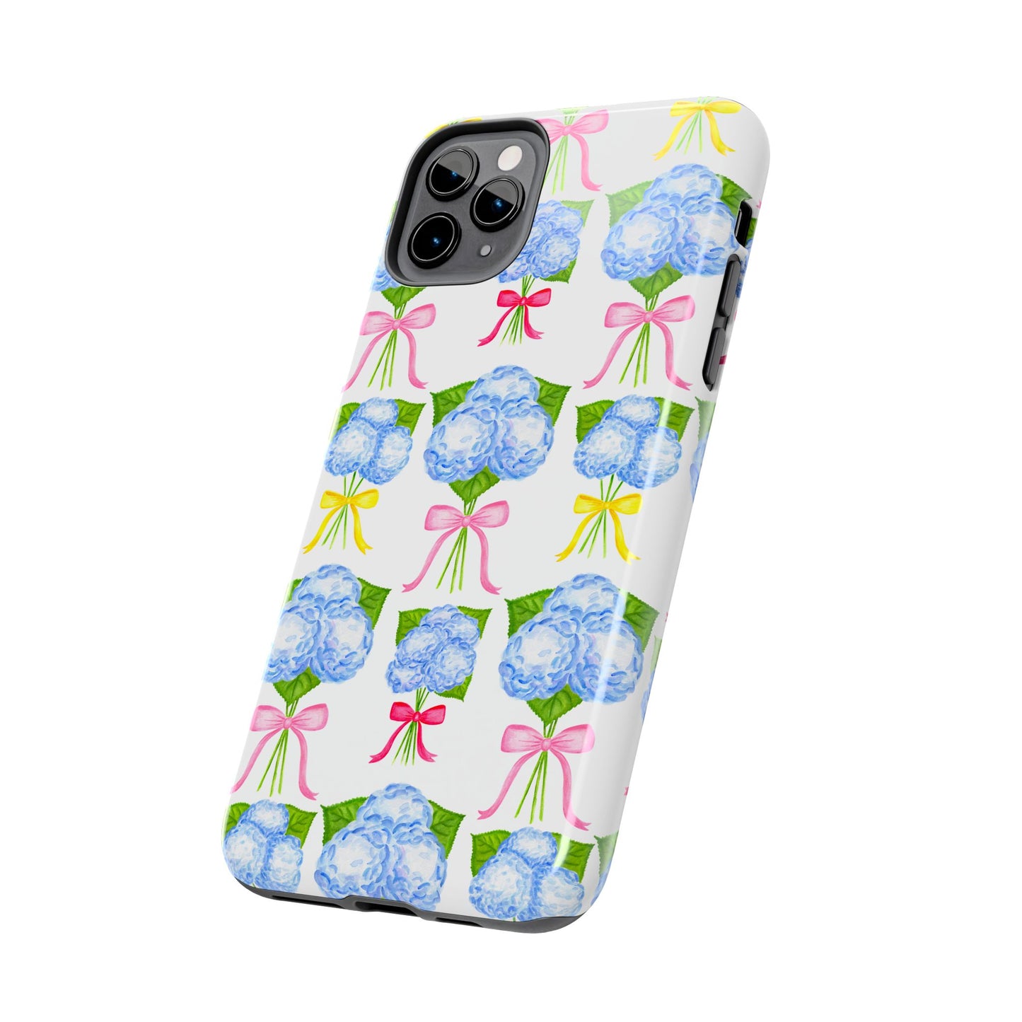 Blue Hydrangeas with Hot Pink, Yellow, Light Pink Bows Watercolor Illustrated Patterned Tough Phone Case | Various Models