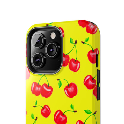 Tossed Red Watercolor Cherries Illustrated Pattern Bright Yellow Tough Phone Case | Various Models