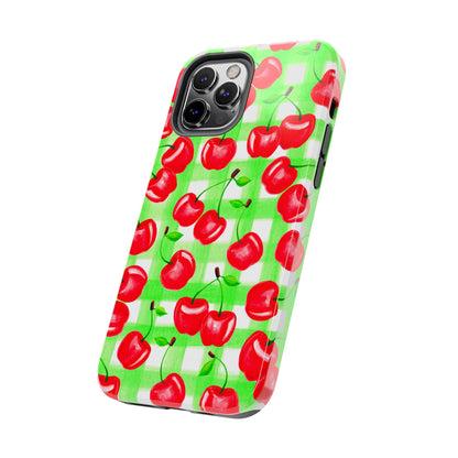 Red Tossed Cherries Green Gingham Watercolor Illustrated Tough Phone Case | Various Models Available