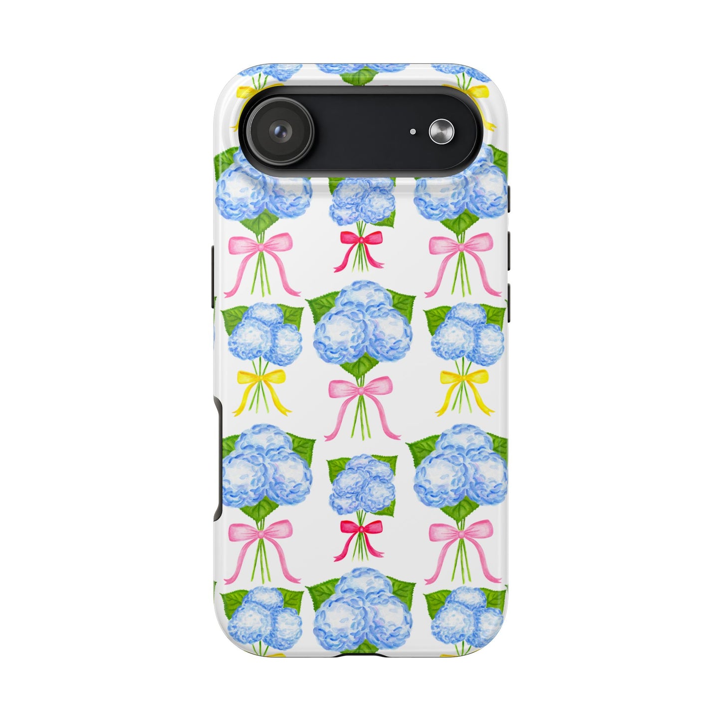 Blue Hydrangeas with Hot Pink, Yellow, Light Pink Bows Watercolor Illustrated Patterned Tough Phone Case | Various Models