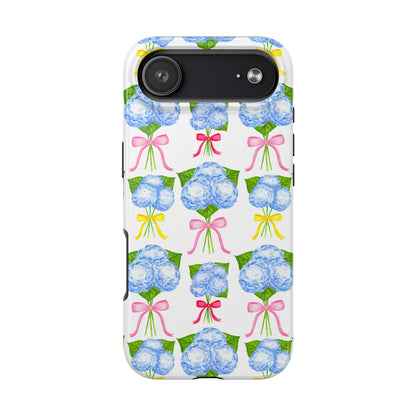 Blue Hydrangeas with Hot Pink, Yellow, Light Pink Bows Watercolor Illustrated Patterned Tough Phone Case | Various Models